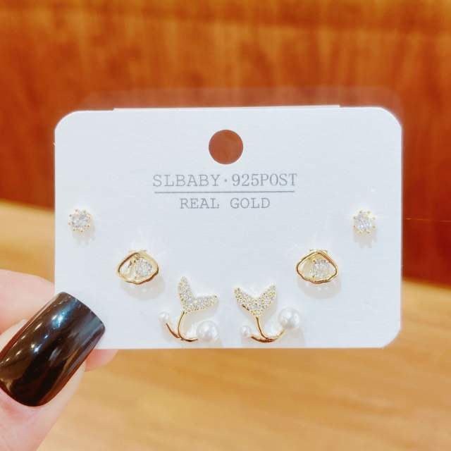 Chic diamond shell tail copper ear studs set