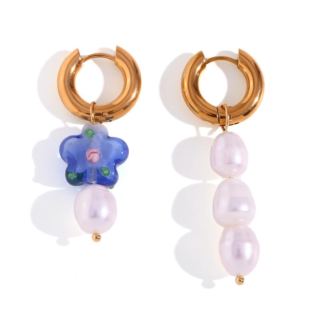18KG water pearl bead flower stainless steel Asymmetric earrings
