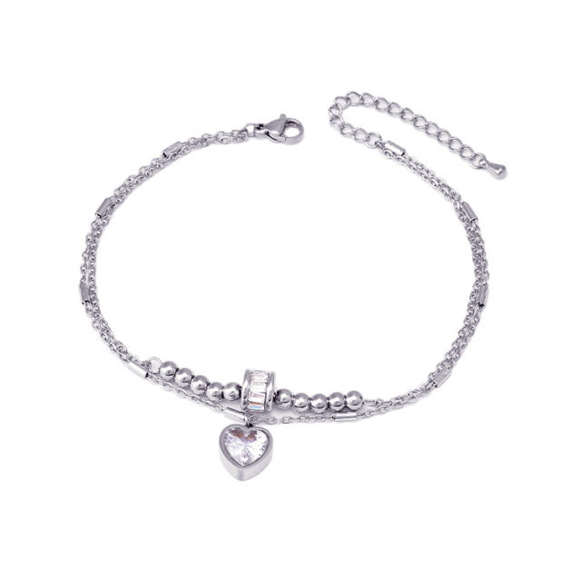 Delicate two layer heart charm stainless steel anklet