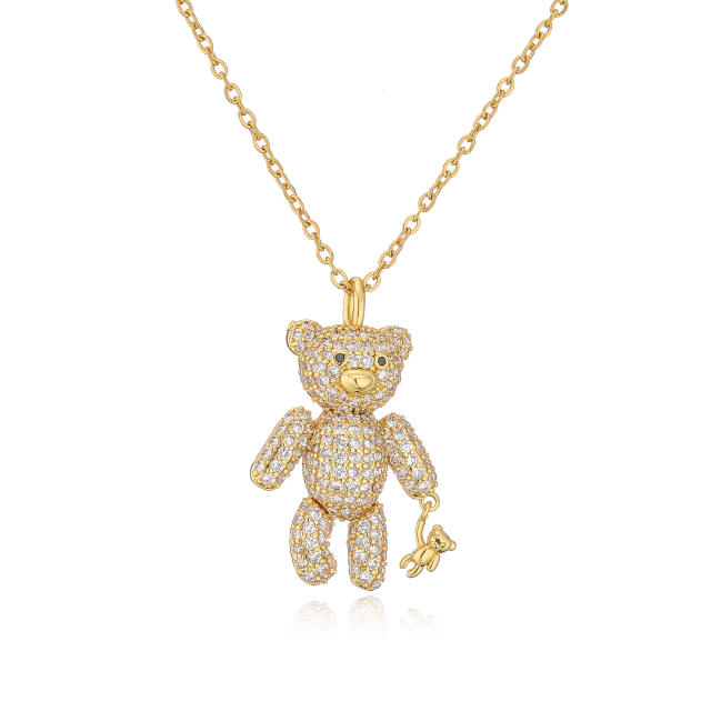 Delicate diamond bear copper pendant stainless steel chain necklace
