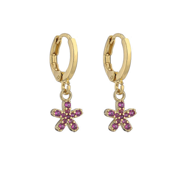 Delicate color cubic zircon flower copper huggie earrings