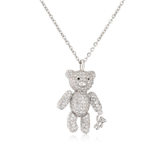Delicate diamond bear copper pendant stainless steel chain necklace
