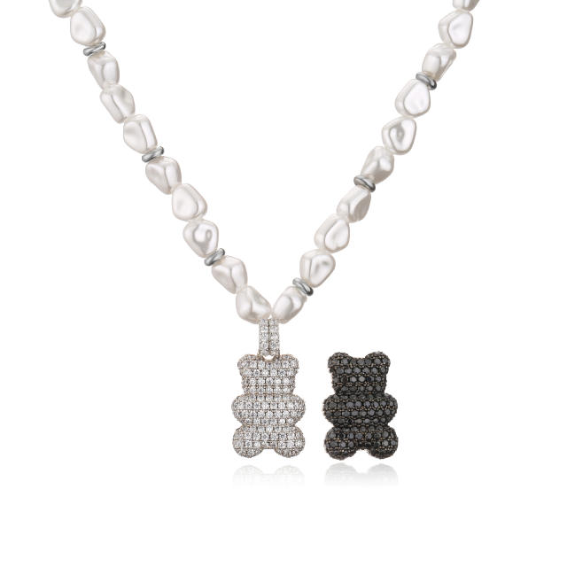 Pave setting cz funny bear pendant pearl copper necklace bracelet