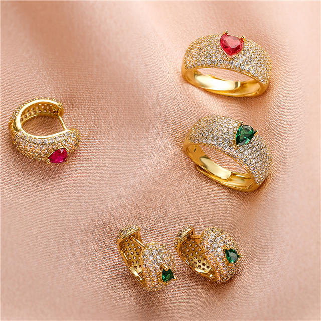 Luxury pave setting cz colorful heart copper rings earrings