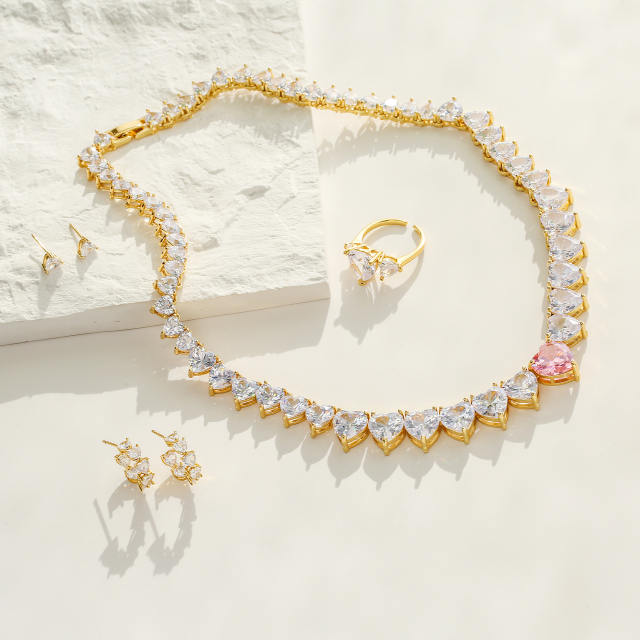 Luxury heart cubic zircon copper tennis necklace bracelet set