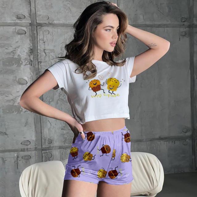 Casual cartoon design crops tops shorts pajamas set