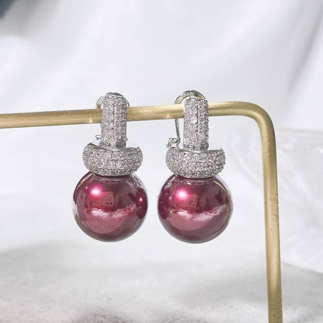 Elegant pave setting cubic zircon pearl copper studs earrings