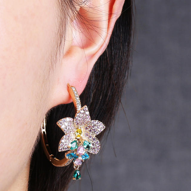 Luxury pave setting cubic zircon flower hoop copper earrings