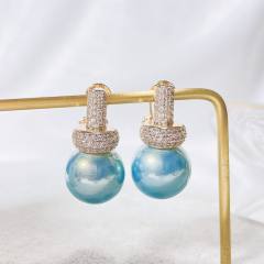 Elegant pave setting cubic zircon pearl copper studs earrings
