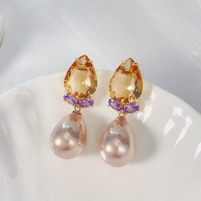 Elegant drop cubic zircon pearl copper earrings