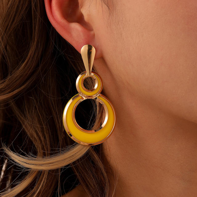 Yellow color painting geometric circle alloy earrings