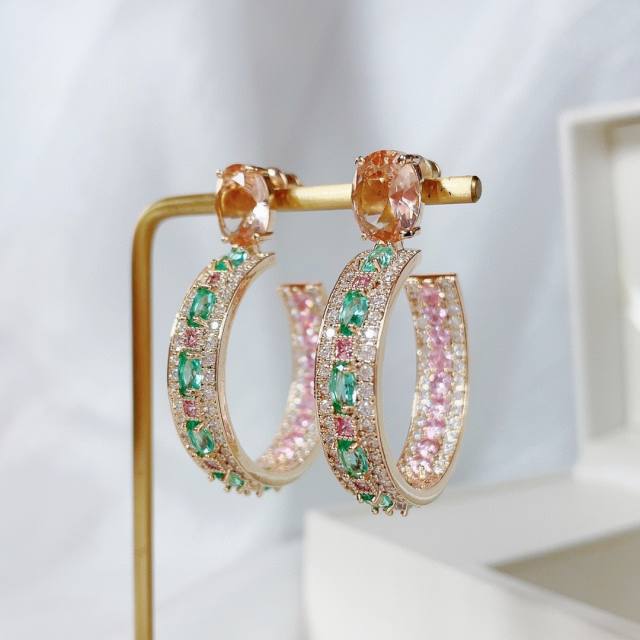 Luxury pave setting cubic zircon open hoop copper earrings