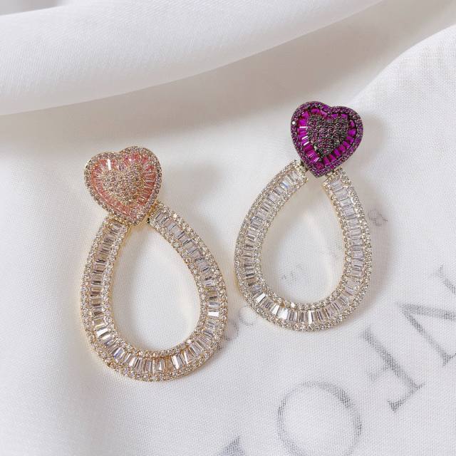Delicate romantic heart full cubic zircon drop earrings