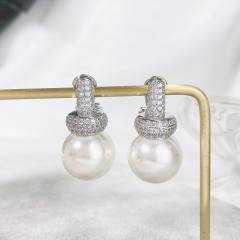 Elegant pave setting cubic zircon pearl copper studs earrings