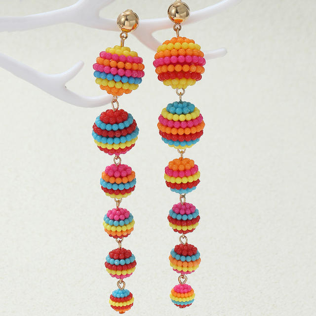 Boho colorful seed bead ball long earrings