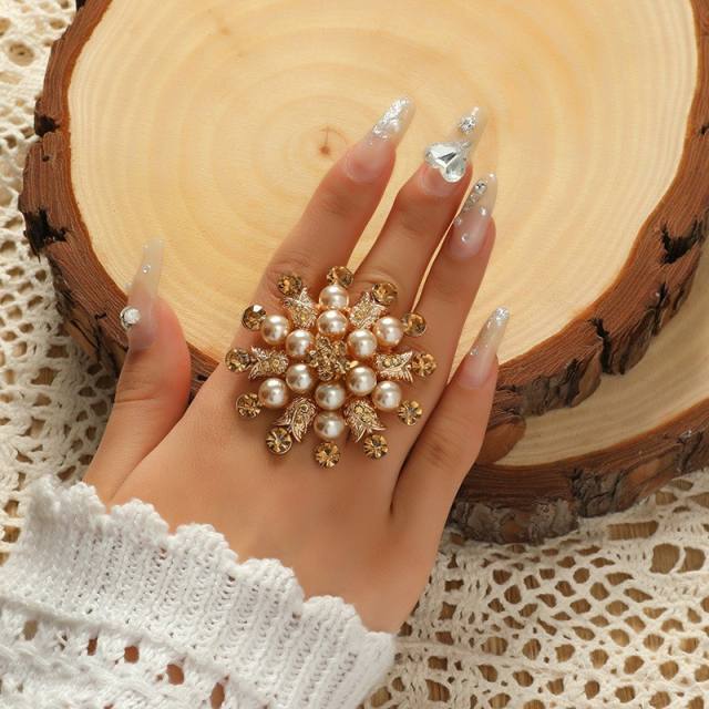 Large size pearl rhinestone flower alloy adjustable rings