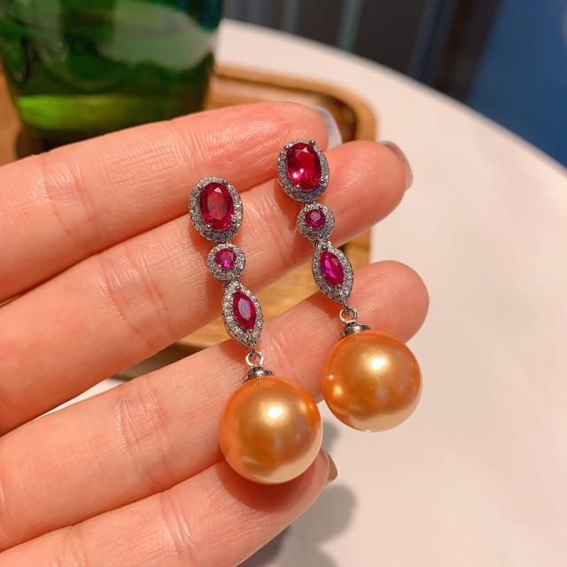 Elegant color cubic zircon pearl dangle earrings