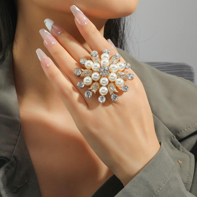 Large size pearl rhinestone flower alloy adjustable rings