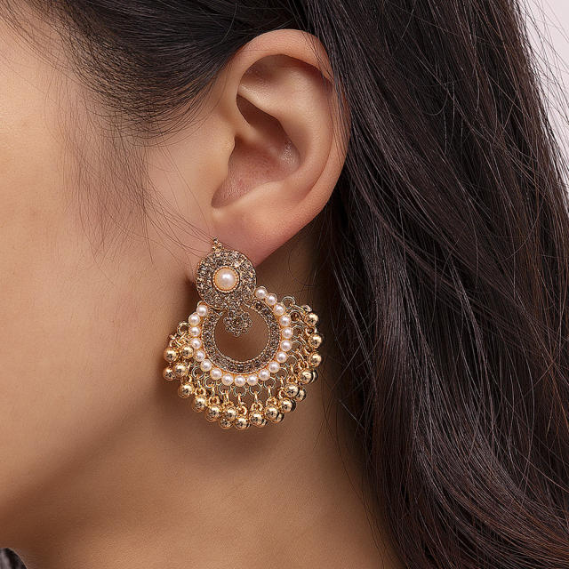 Vintage natural trend bead tassel geometric earrings