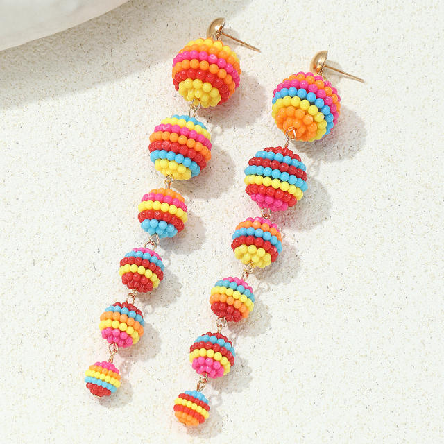 Boho colorful seed bead ball long earrings