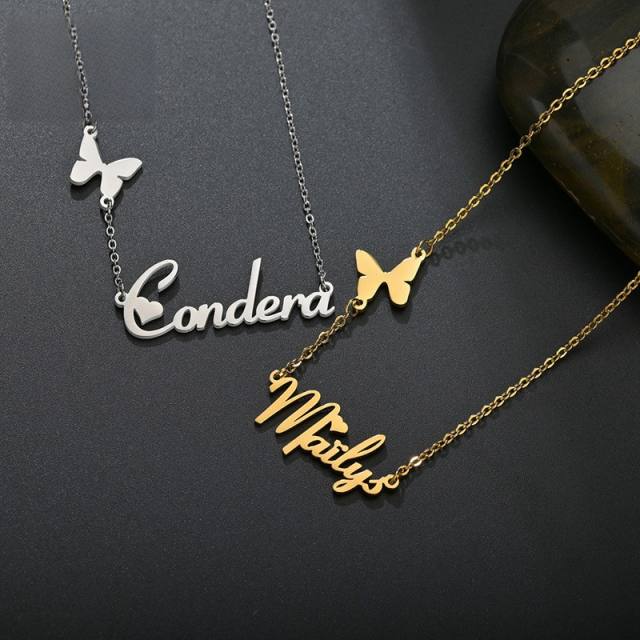 Personality butterfly clover custom name stainless steel necklace