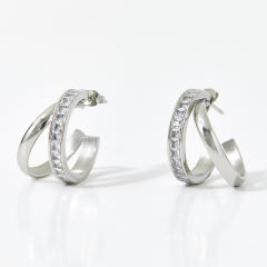 Elegant cubic zircon geometric open hoop stainless steel earrings