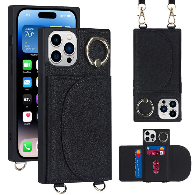 Hot sale plain color imitation leather phone case with long strap