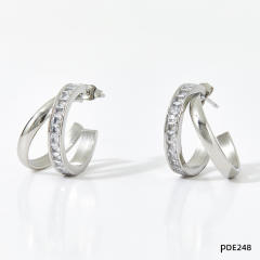Elegant cubic zircon geometric open hoop stainless steel earrings