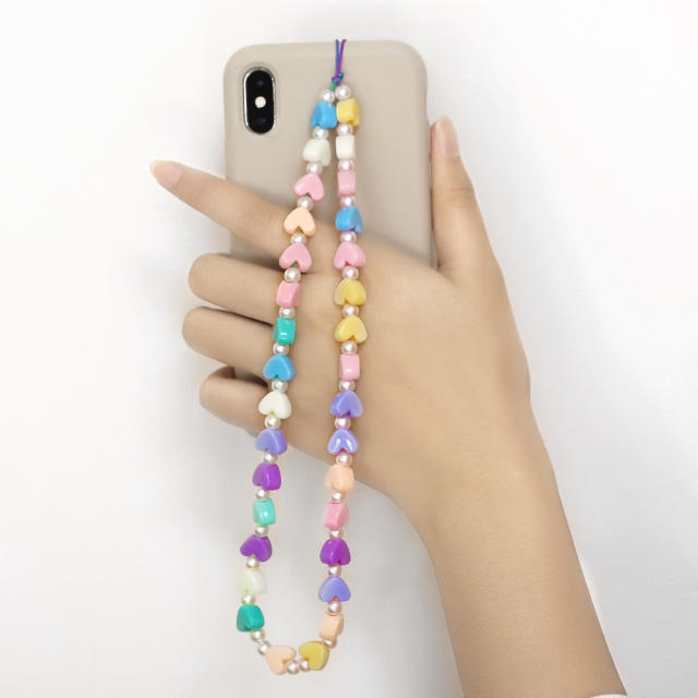 Hot sale colorful heart acrylic chain phone strap
