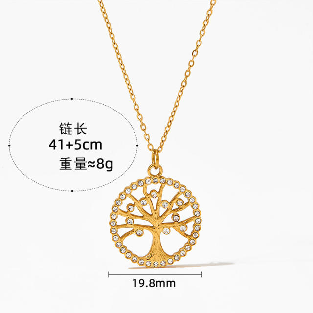Delicate color cubic zircon life tree pendant stainless steel necklace