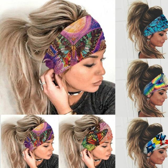 Colorful butterfly printing wide elastic headband