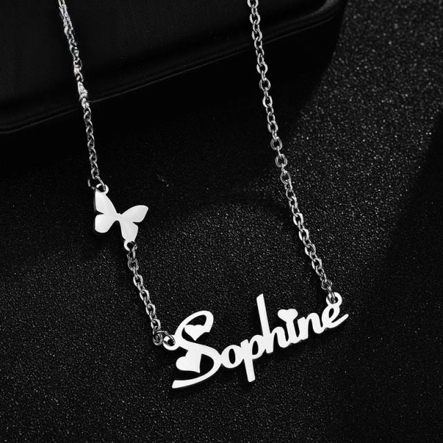 Personality butterfly clover custom name stainless steel necklace