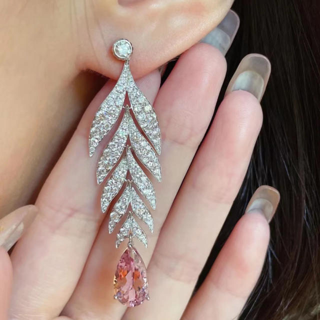 Luxury pave setting diamond pink cubic zircon leaf earrings
