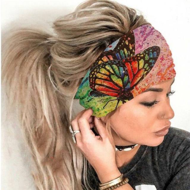 Colorful butterfly printing wide elastic headband