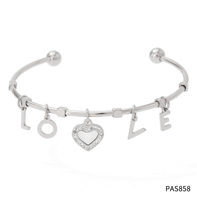 Delicate love letter charm stainless steel cuff bangle