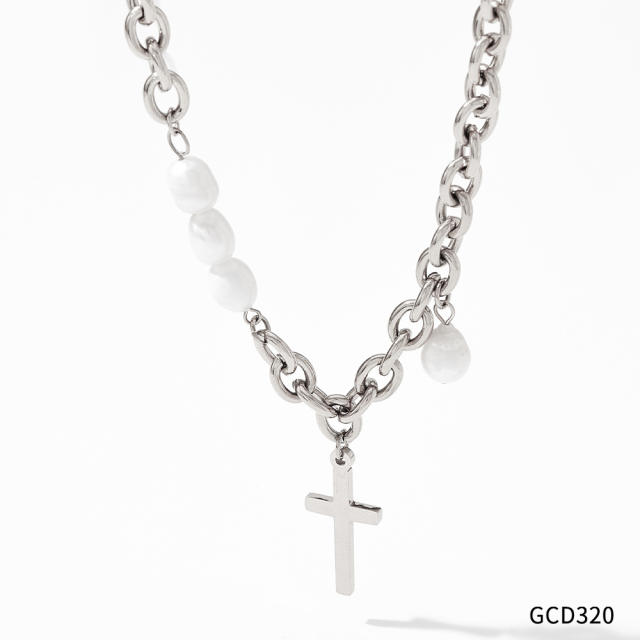 Hot sale water pearl cross heart charm stainless steel necklace