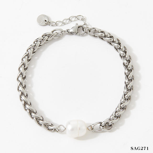 14KG water pearl stainless steel chain bracelet