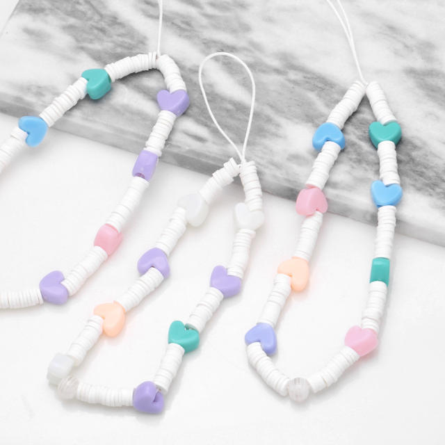 Boho white clay bead colorful heart phone strap