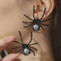 Vintage punk trend black pearl spider studs earrings