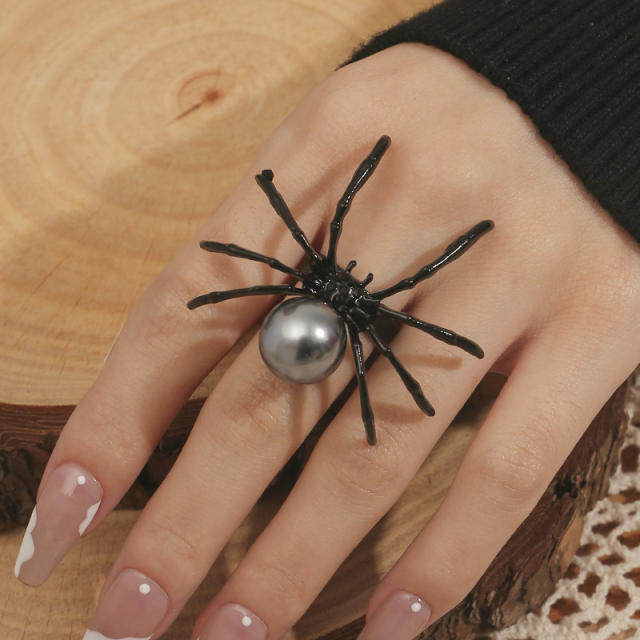 Pesonality punk trend black pearl spider adjustable rings