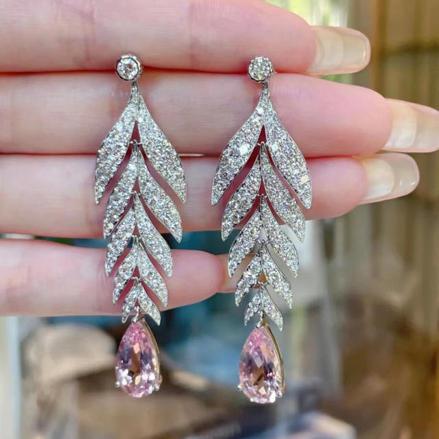 Luxury pave setting diamond pink cubic zircon leaf earrings