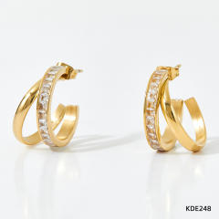 Elegant cubic zircon geometric open hoop stainless steel earrings