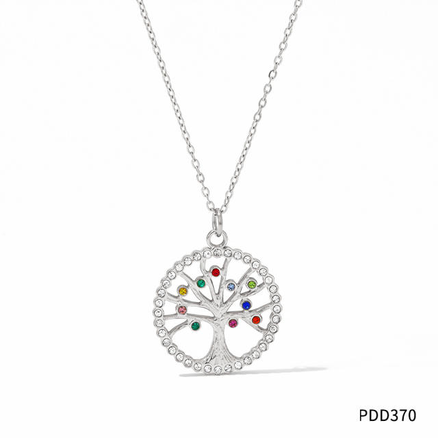 Delicate color cubic zircon life tree pendant stainless steel necklace