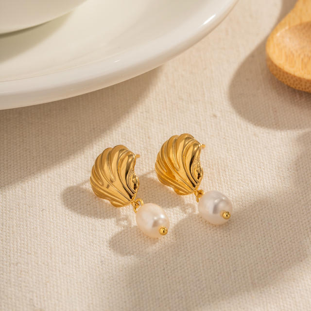 18KG beach trend shell design pearl drop stainless steel earrings