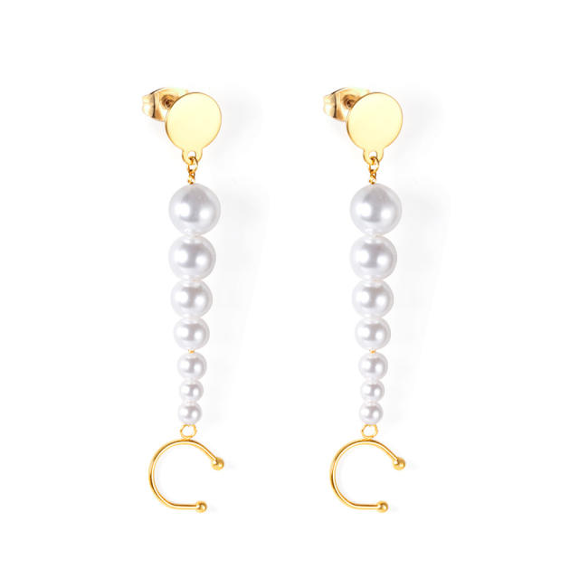 Elegant pearl bead stainless steel dangle earrings