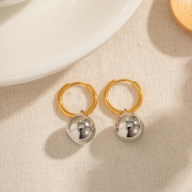 Two tone stainless steel ball huggie earrings