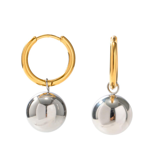 Two tone stainless steel ball huggie earrings