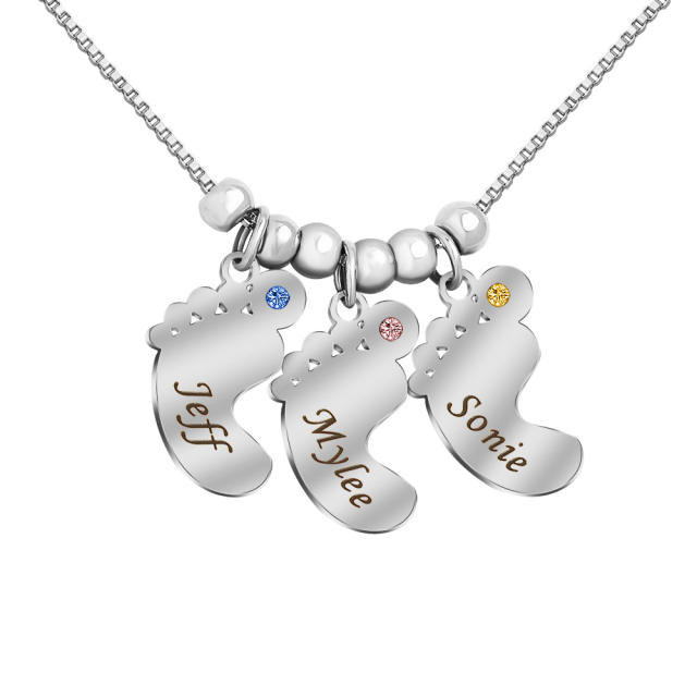 Personality birthstone footstep engrave letter stainless steel necklace