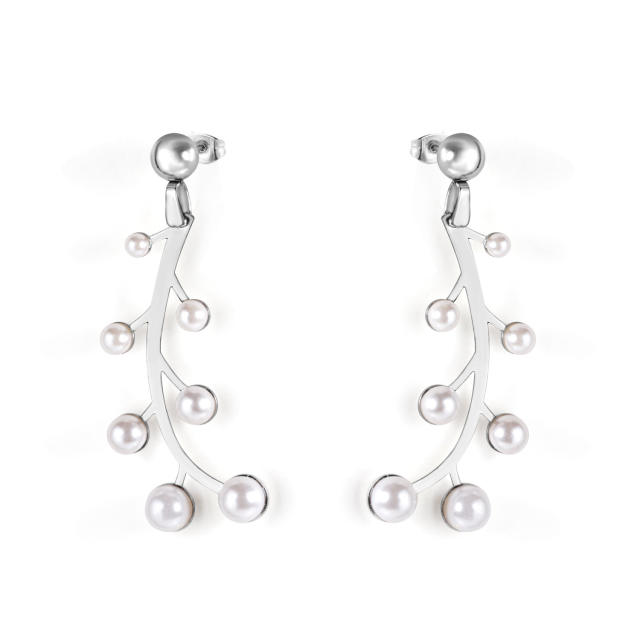 Elegant pearl bead stainless steel dangle earrings