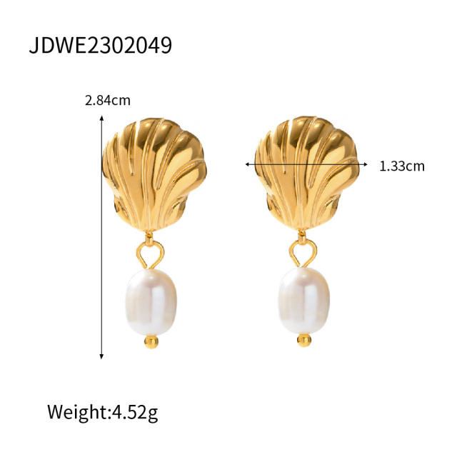 18KG beach trend shell design pearl drop stainless steel earrings